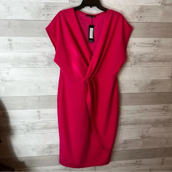 NWT Boohoo Wrap Front Midi Hot Pink Dress - Picture 2 of 4